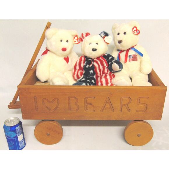 Beanie Buddy Teddy Bear Wooden Wagon Set 4 Pc Set Liberty Spangle Valentino 14" - Picture 11 of 12